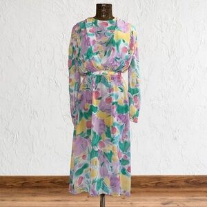 🌺HOST PICK🌺 Vintage Silk Chiffon Floral Long Sleeve Midi Dress